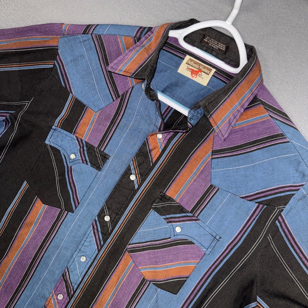 Youngbloods Western Shirt Mens Large Blue Purple Striped Pearl Snap Short Sleeve